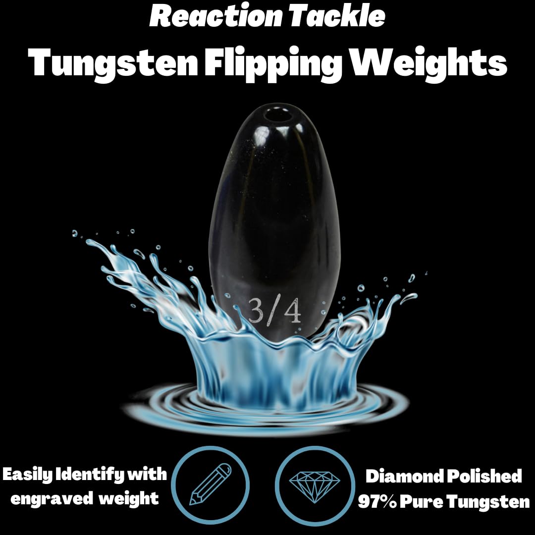 Reaction Tackle Tungsten Flipping Weights for Bass Fishing - Heavy Cover Punching Sinkers - Freshwater & Saltwater Use - Texas & Carolina Rig Weights - Size Stamped - Perfect for Flipping, Pitching, and Punching Through Thick Vegetation