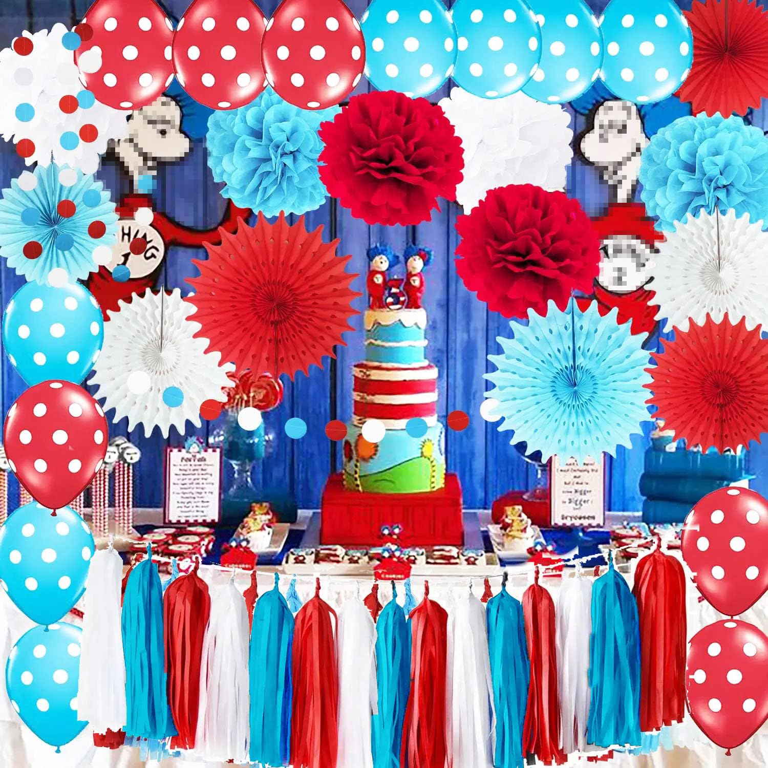 Dr Seuss Baby Shower & Cat in The Hat Birthday Decorations Set - Thing 1 Thing 2 Party Supplies with Turquoise, White & Red Balloons - Perfect for Dr Seuss Themed Parties, Baby Showers, and Kids Birthday Celebrations