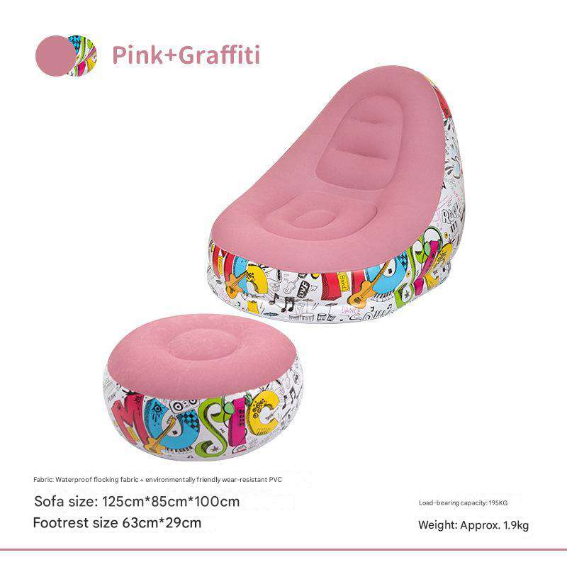 Portable Inflatable Sofa Chair with Ottoman - Waterproof Flocked Lazy Sofa for Camping, Beach, Home & Outdoor Use (Pink Graffiti Design)