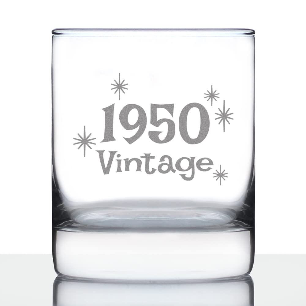 Vintage 1950 Whiskey Rocks Glass - 74th Birthday Gift for Men & Women - Retro Whisky Tumbler with Engraved Design - Perfect for Birthday Celebrations, Whiskey Lovers & Collectors