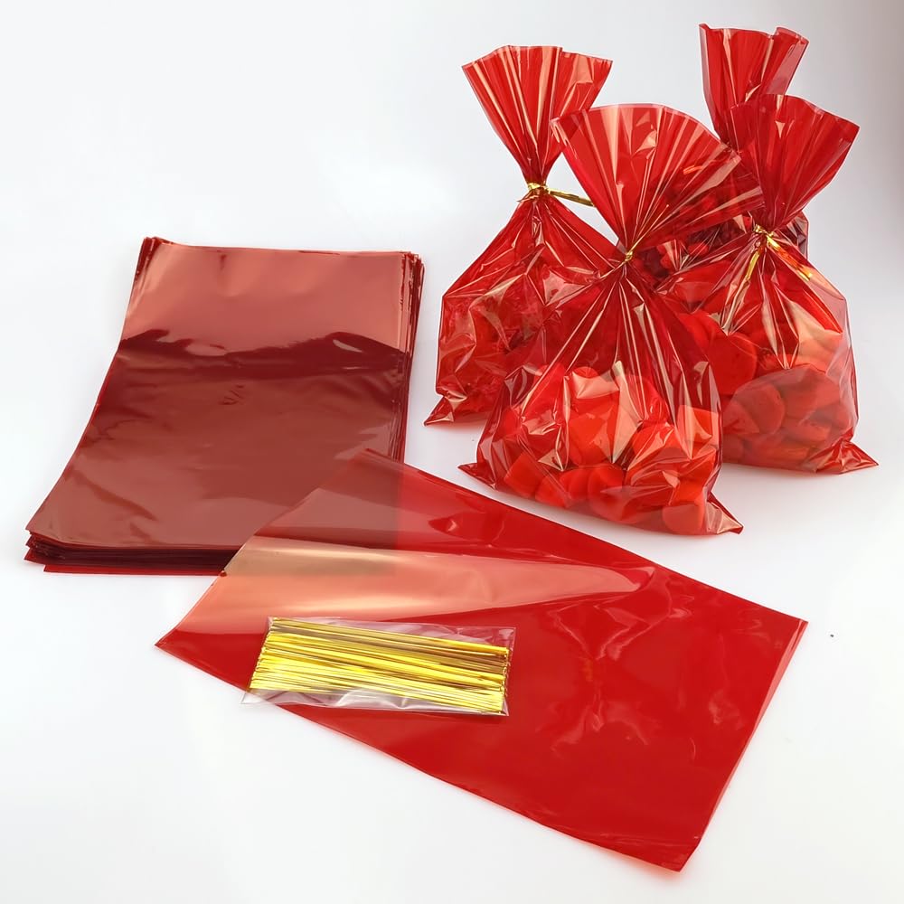 FAZHBARY 100 PCS 6x9 Inch Red Cellophane Gift Bags - Candy Cookie Wrapping Supplies, Party Favors, Wedding Treat Bags, Holiday Goodie Bags for Christmas, Halloween, Birthday Celebrations