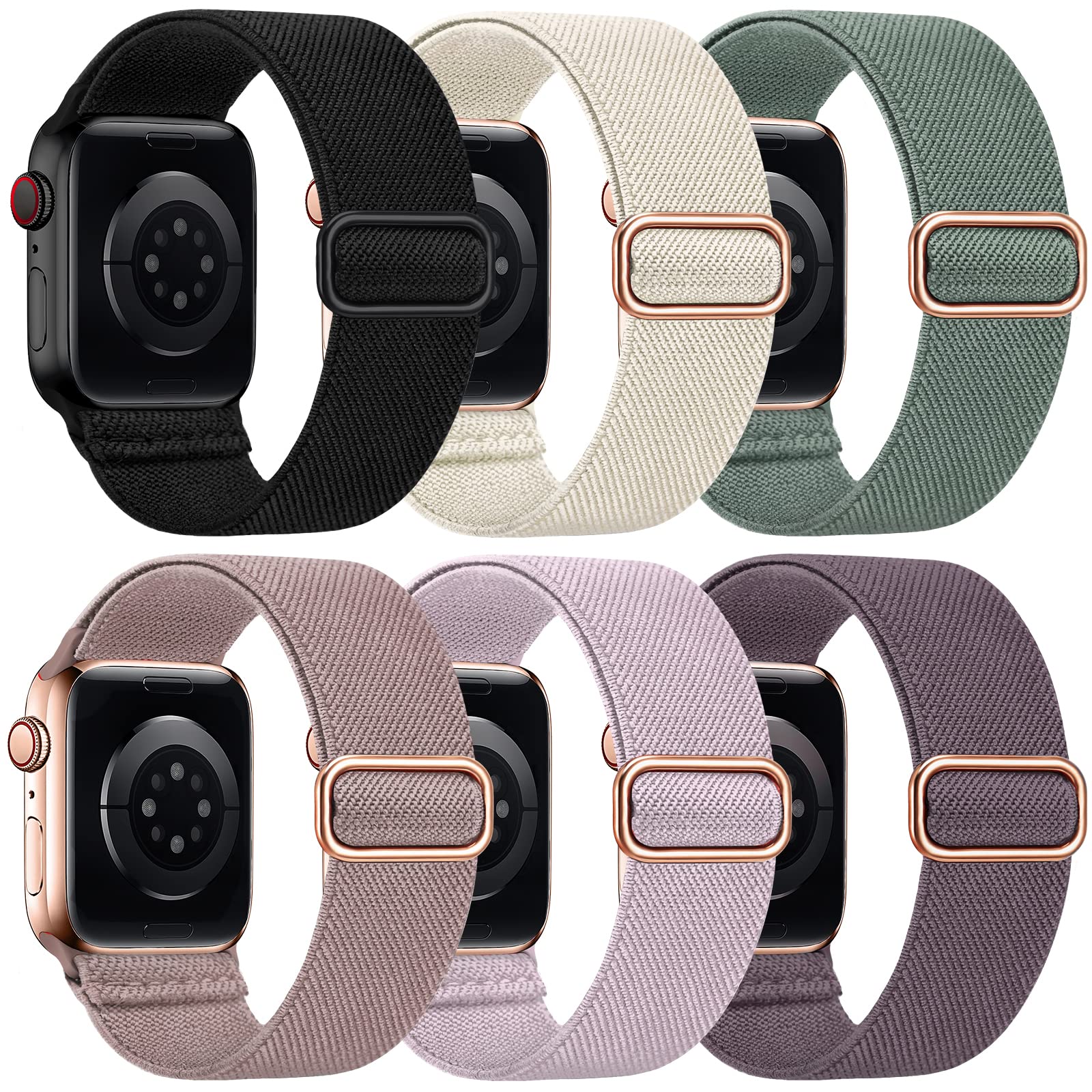 Stretchy Nylon Sport Bands for Apple Watch 38mm 40mm 41mm 42mm 44mm 45mm - Adjustable Braided Elastic Solo Loop Compatible with iWatch SE Series 8/7/6/5/4/3/2/1 - 6 Pack for Women & Men - Perfect for Workouts, Running, and Everyday Wear