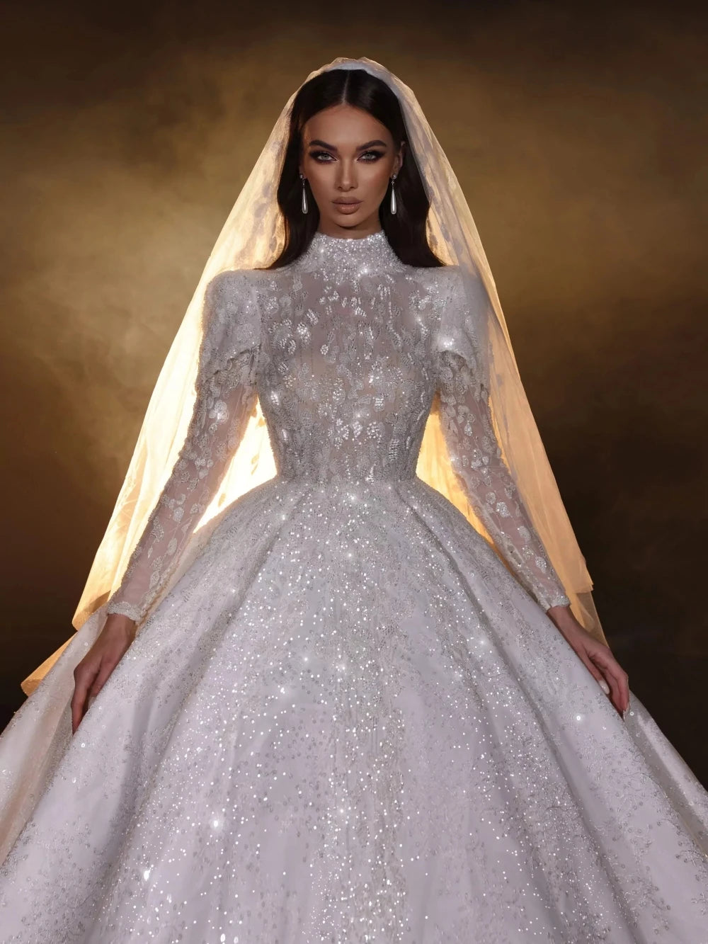 Elegant Modest High Neck Long Sleeve Wedding Dress - Luxury Custom Bridal Gown with Sparkling Sequins & Beads for Church, Formal Events & Vintage-Inspired Weddings