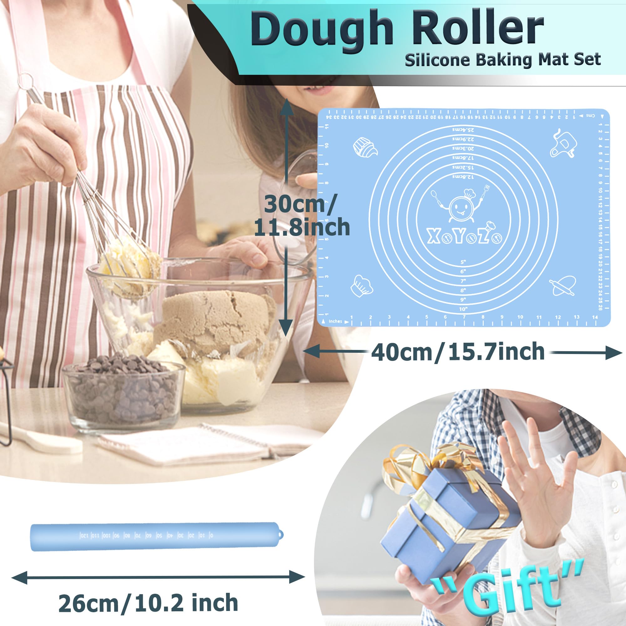 Non-Stick Silicone Rolling Pin & Baking Mat Set - Premium Dough Roller for Pizza, Biscuits, Bread & Pastry - Perfect for Home Baking, Kitchen Essentials & Holiday Cooking Gifts