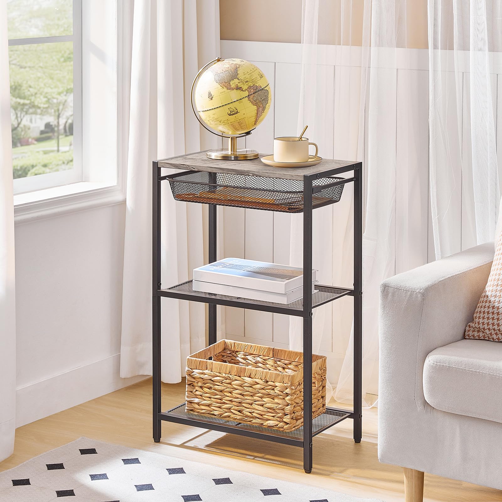 HOOBRO 28.7 Inch Industrial Side Table with 3-Tier Storage & Adjustable Metal Mesh Basket - Modern End Table for Living Room, Bedroom, Office - Perfect for Small Spaces, Nightstand, Coffee Table Alternative (Greige BG06DH01)