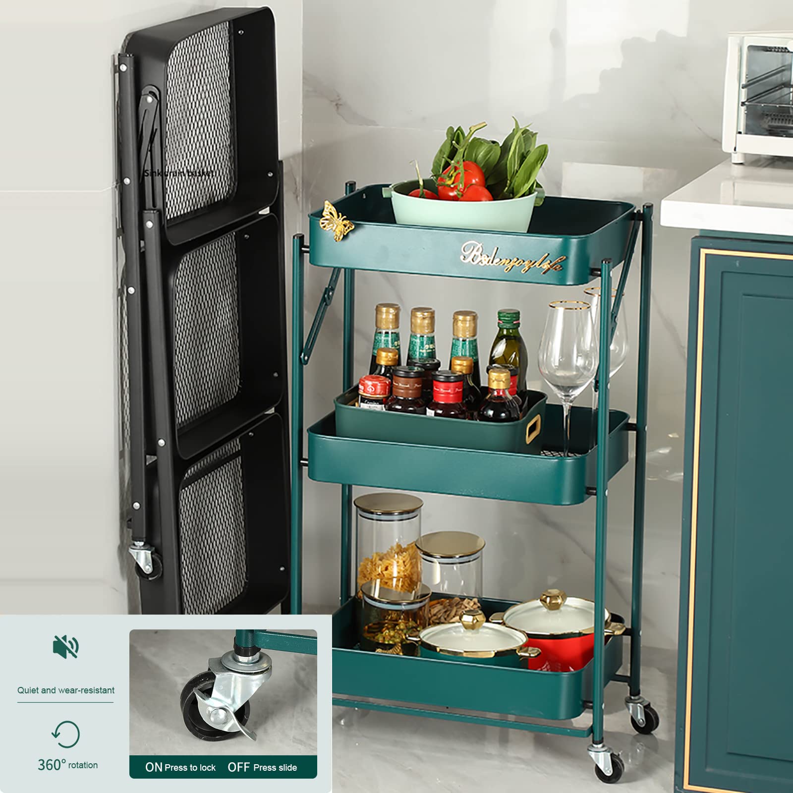 3-Tier Rolling Storage Cart with Wheels - Foldable Utility Cart for Kitchen, Bathroom, Office & Coffee Bar - Slim Multifunctional Mobile Organizer with Slide-Out Shelves (Black) - Perfect for Small Space Organization & Home Storage Solutions
