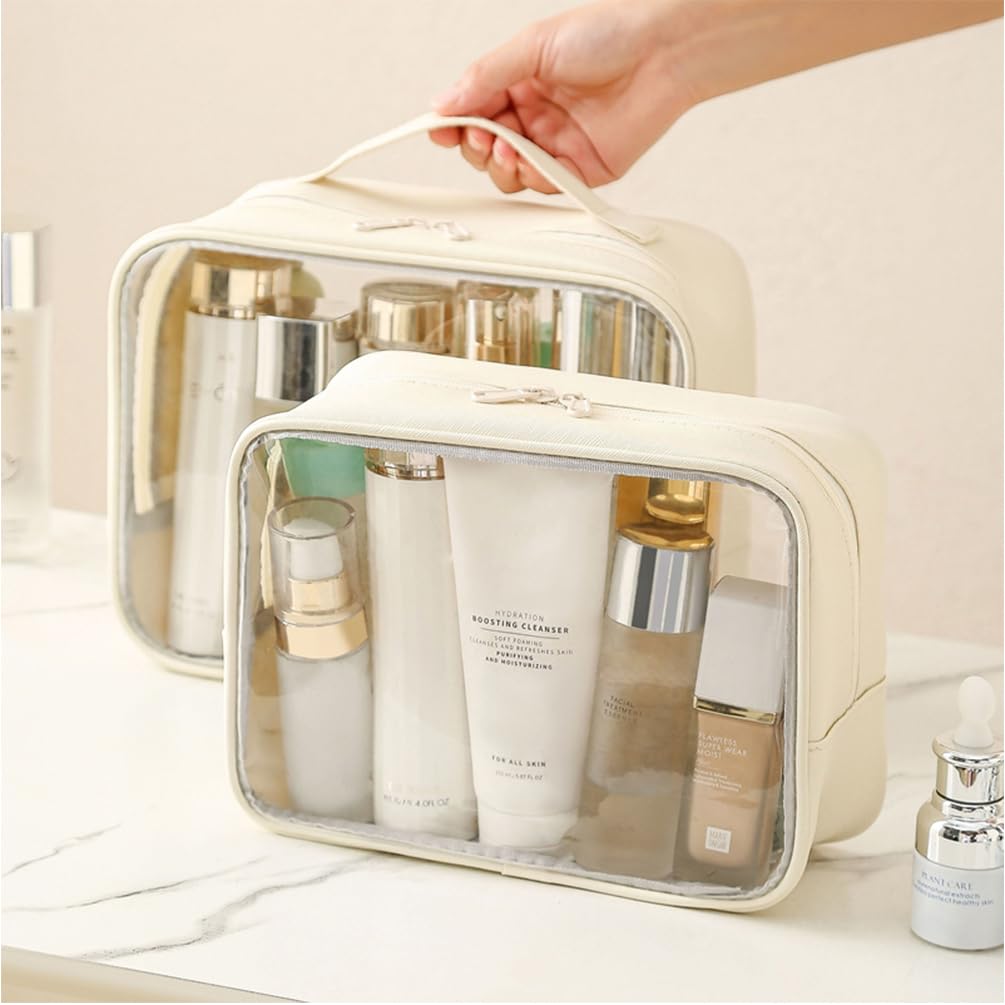 Clear PVC Toiletry Bag for Travel & Gym - Large Capacity (Cream)