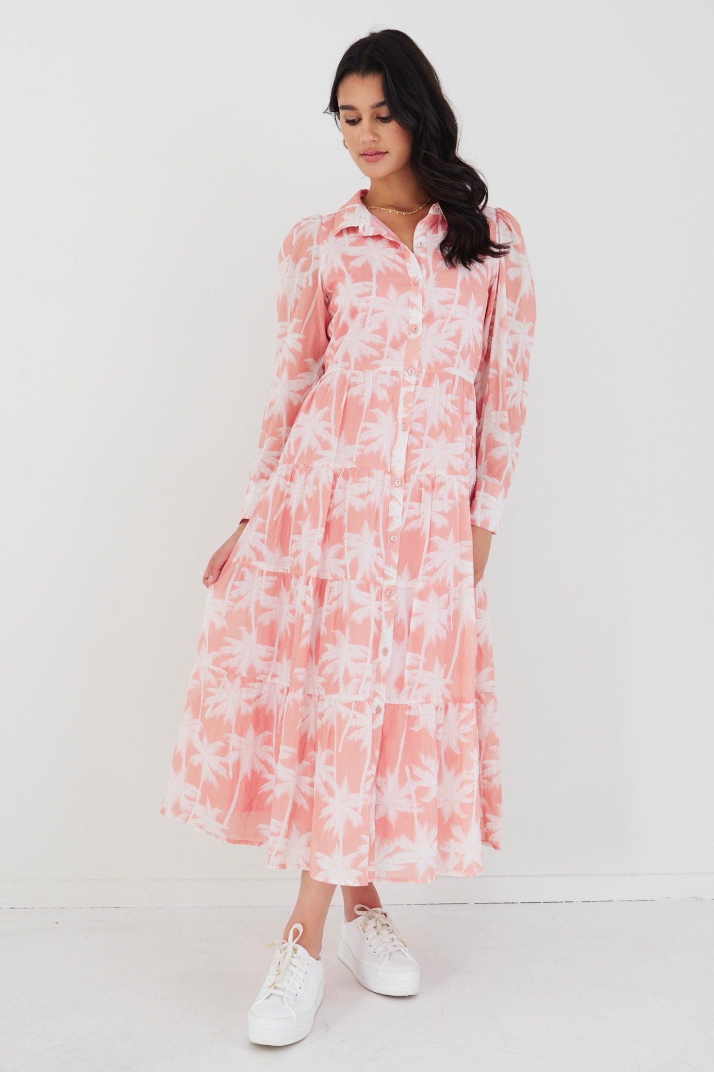 Adair Blush Palms Tiered Shirt Style Maxi Dress for Women - Flowy Summer Beach Dress, Boho Chic Wedding Guest Outfit, Casual Party Wear