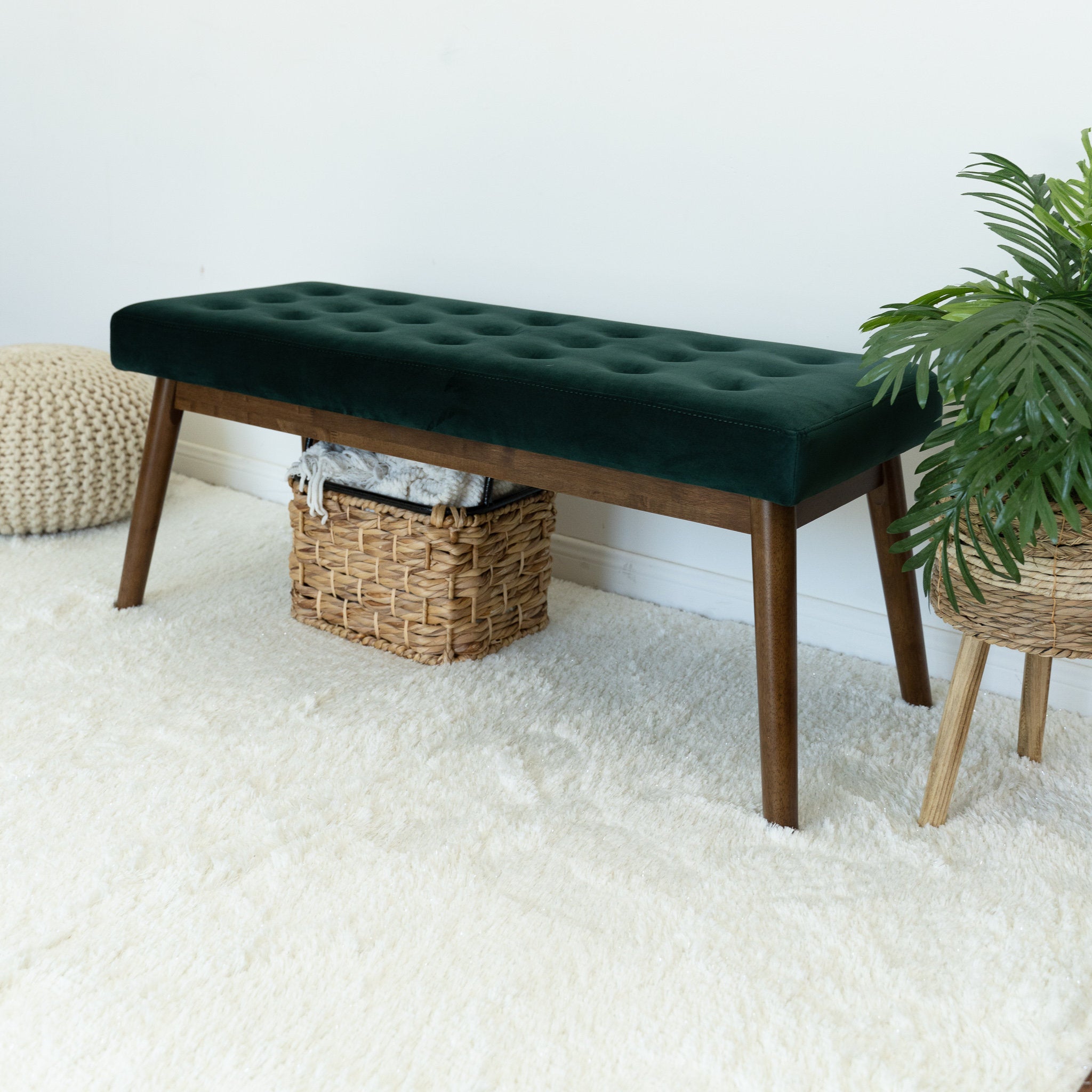 Delilah Modern Bench - Green Velvet Upholstered Entryway Seating for Living Room, Bedroom & Hallway | Stylish & Comfortable Furniture for Home Decor