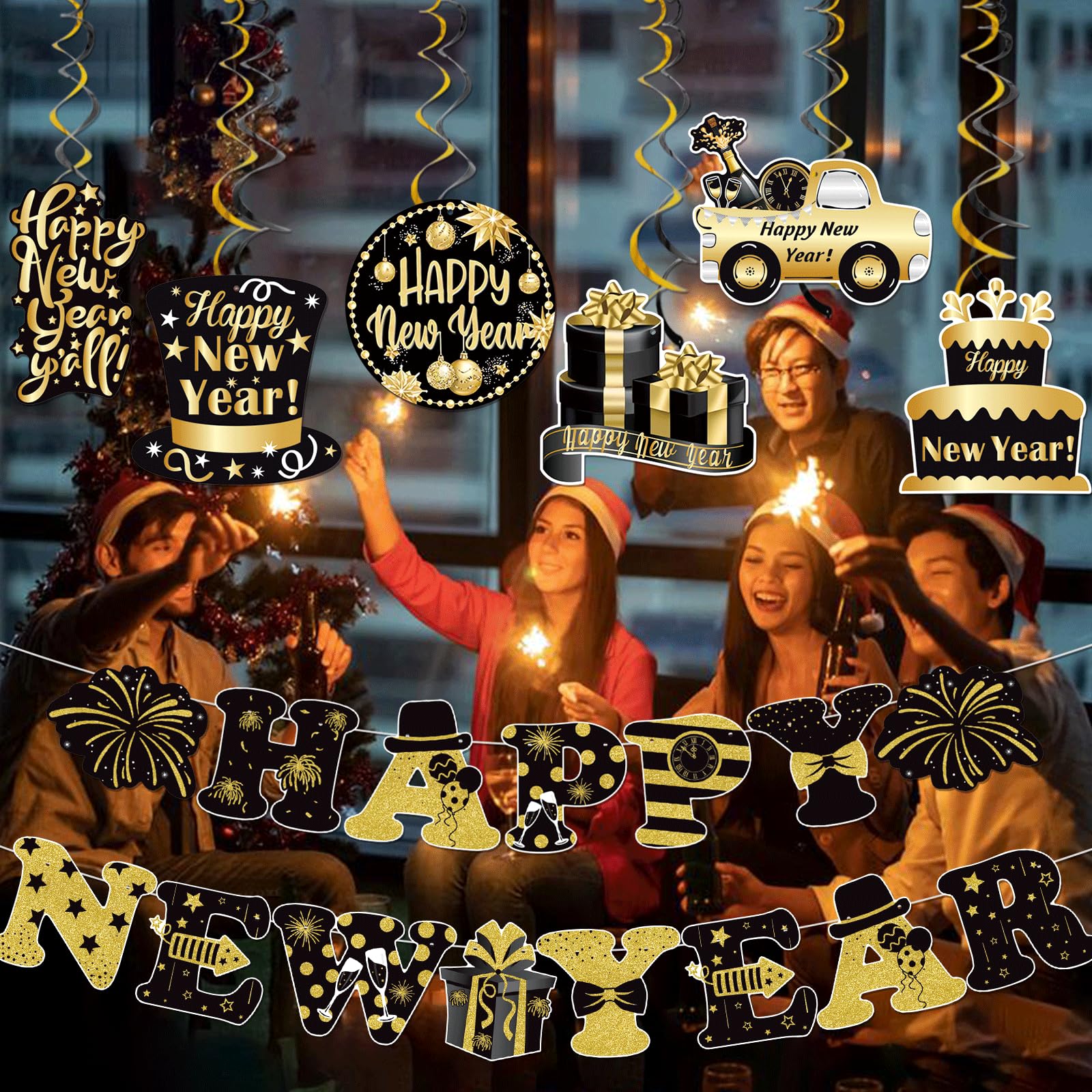 2024 Happy New Year Banner with Hanging Decorations - New Year's Eve Party Supplies & Decor for Home, Office & Festive Celebrations