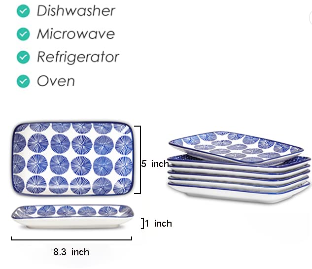 Selamica 8-Inch Rectangular Ceramic Plates - Set of 6 Vintage Blue Salad, Dinner, Pasta & Dessert Plates | Microwave, Oven & Dishwasher Safe | Perfect for Appetizers, Sushi, Fruits & Home Dining