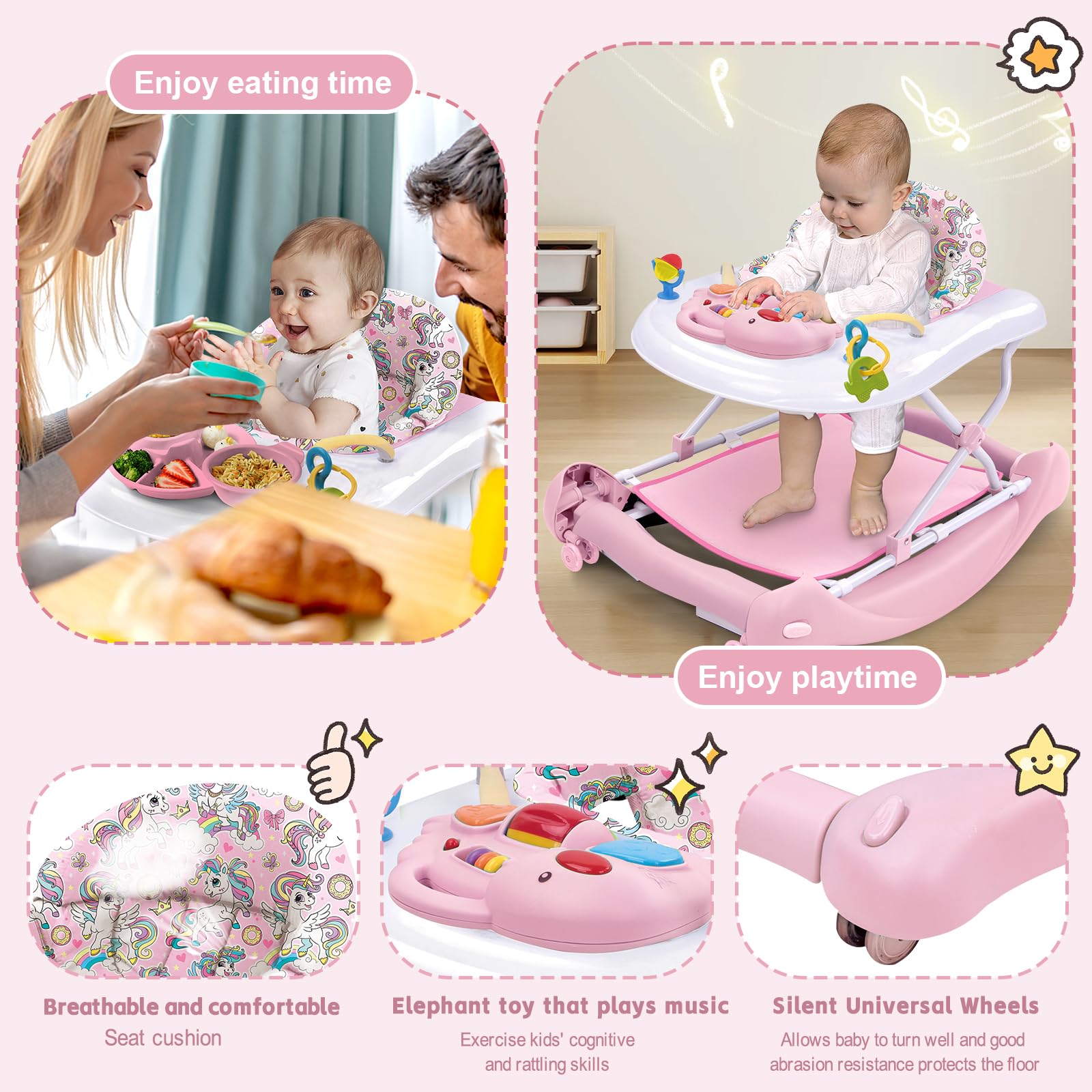 5 in 1 Foldable Baby Walker with Detachable Trampoline Mat - Adjustable Speed Wheels & Height for 6-18 Months (Pink) | Baby Bouncer, Rocker, Activity Center & Push Walker | Perfect for Playtime, Learning to Walk & Indoor Fun