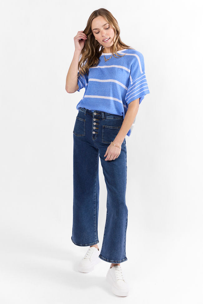 Blue and Ivory Striped Sweater T-Shirt for Women - Soft Cotton Casual Wear | Perfect for Layering, Office Outfits & Weekend Brunch