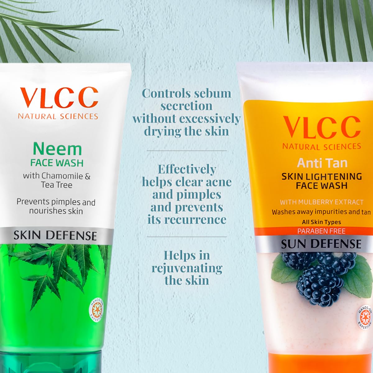 VLCC Neem Face Wash & Anti Tan Face Wash Combo - 150ml x 2 (300ml Total) - Buy 1 Get 1 Free - with Neem Extract, Chamomile Oil, Tea Tree Oil & Mulberry Extract - Deep Cleansing for Acne, Brightening for Dull Skin - Perfect for Daily Skincare Routine & Travel