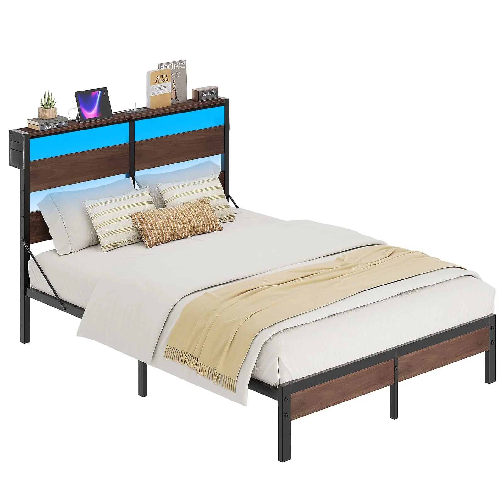 Bestier Queen Bed Frame with Storage Headboard & USB Charging Station - Modern Platform Bed with Underbed Storage for Small Spaces, Bedroom Organization & Phone Charging Convenience