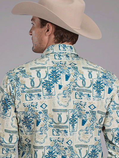 Roper Men's Long Sleeve Tropical Resort Print Western Shirt - Blue | Casual Vacation Wear for Beach, Cruise & Summer Outings