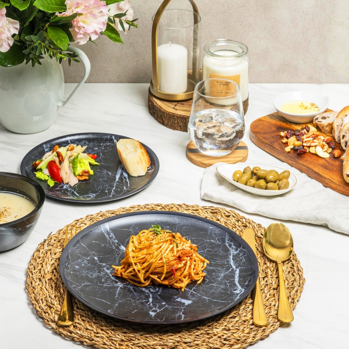 12-Piece Marble Melamine Plate and Bowl Set - Durable Black Dinnerware for Indoor & Outdoor Dining, Picnics, and Parties