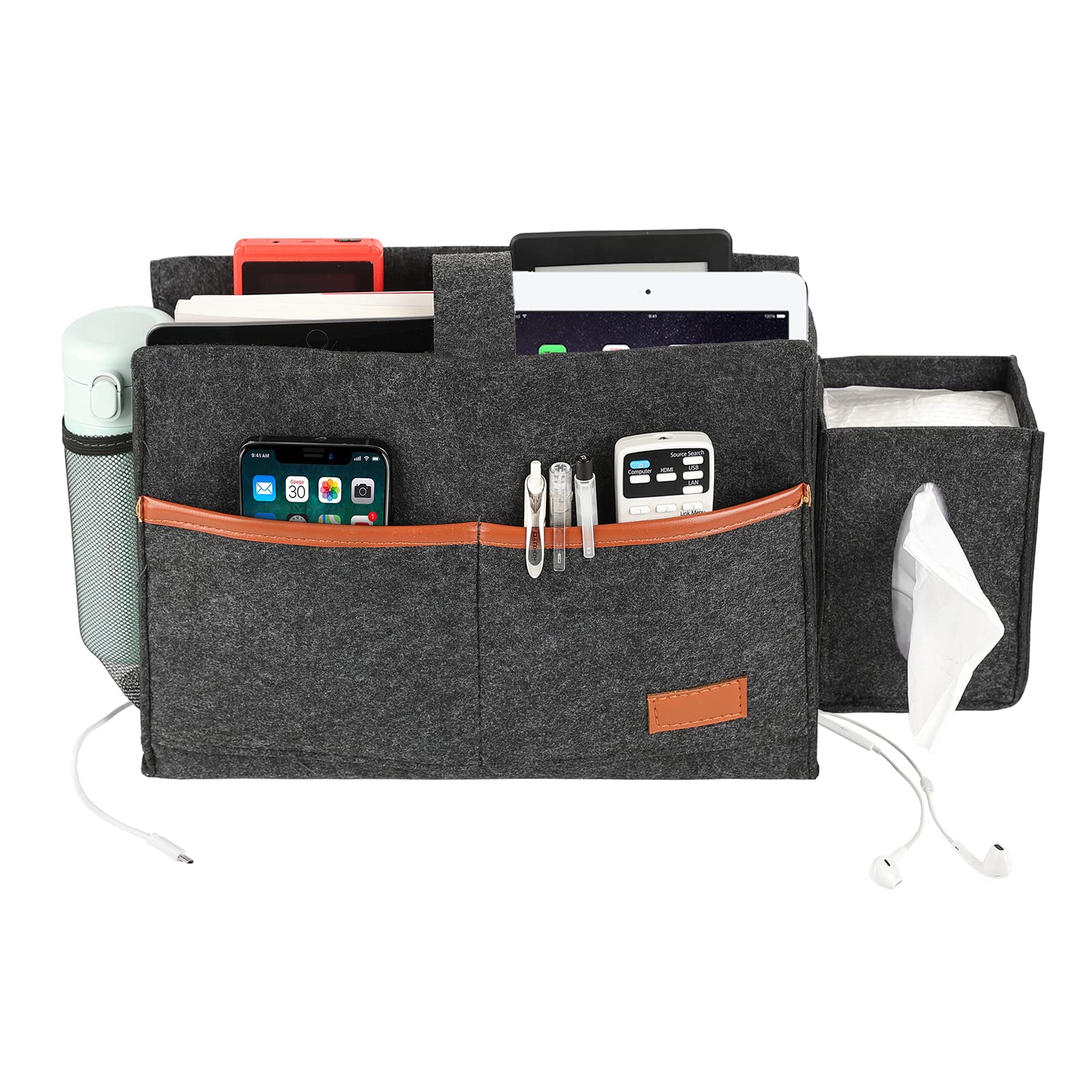 Surblue Bedside Caddy - Felt Storage Organizer Hanging Bag with Tissue Box Holder & Water Bottle Pocket for Mattress, Sofa, Bunk Bed - Dark Gray | Perfect for Small Space Organization in Bedroom, Dorm, RV & Nursing Home