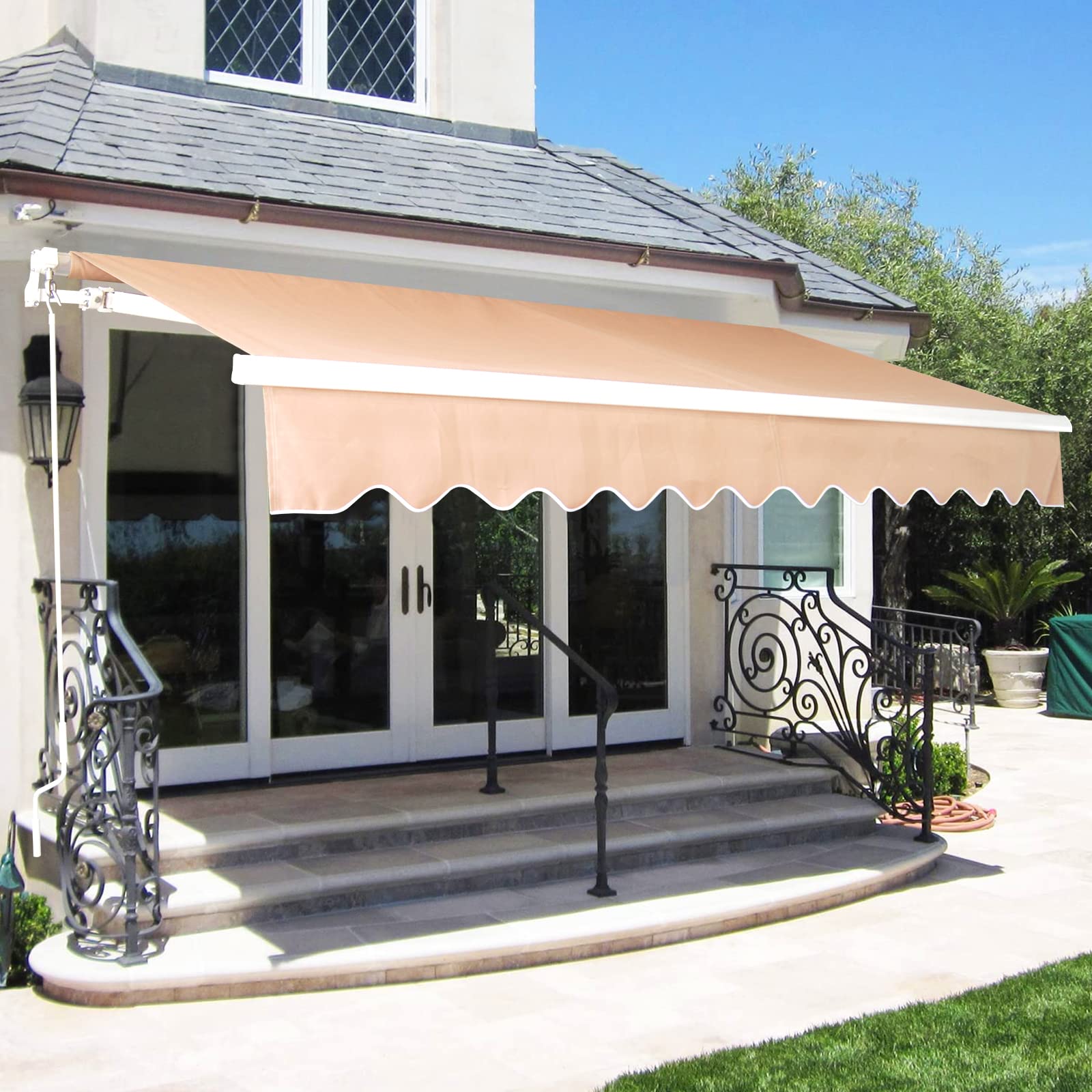 6.5' x 8.2' Retractable Patio Awning - Waterproof & UV-Resistant Outdoor Canopy with Crank Handle - Manual Sun Shade Shelter for Windows, Doors, Cafe Shops & Outdoor Living Spaces