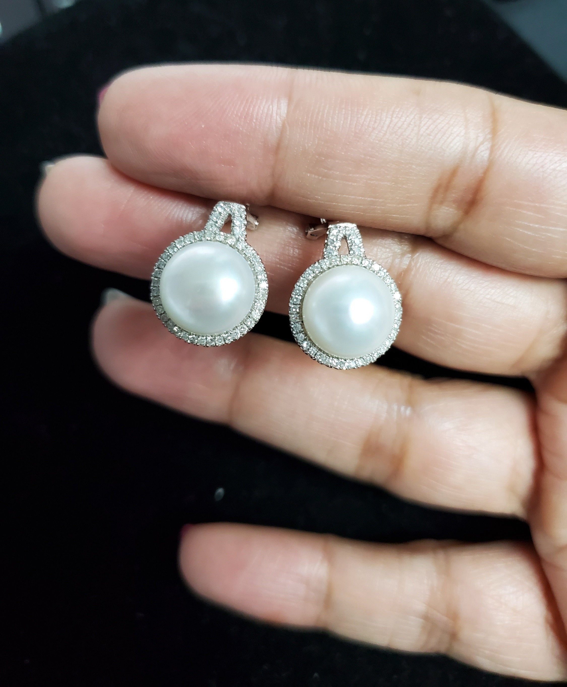 14K White Gold Freshwater Pearl & Diamond Halo Earrings 0.40cttw - Elegant Bridal Jewelry & Anniversary Gift for Women