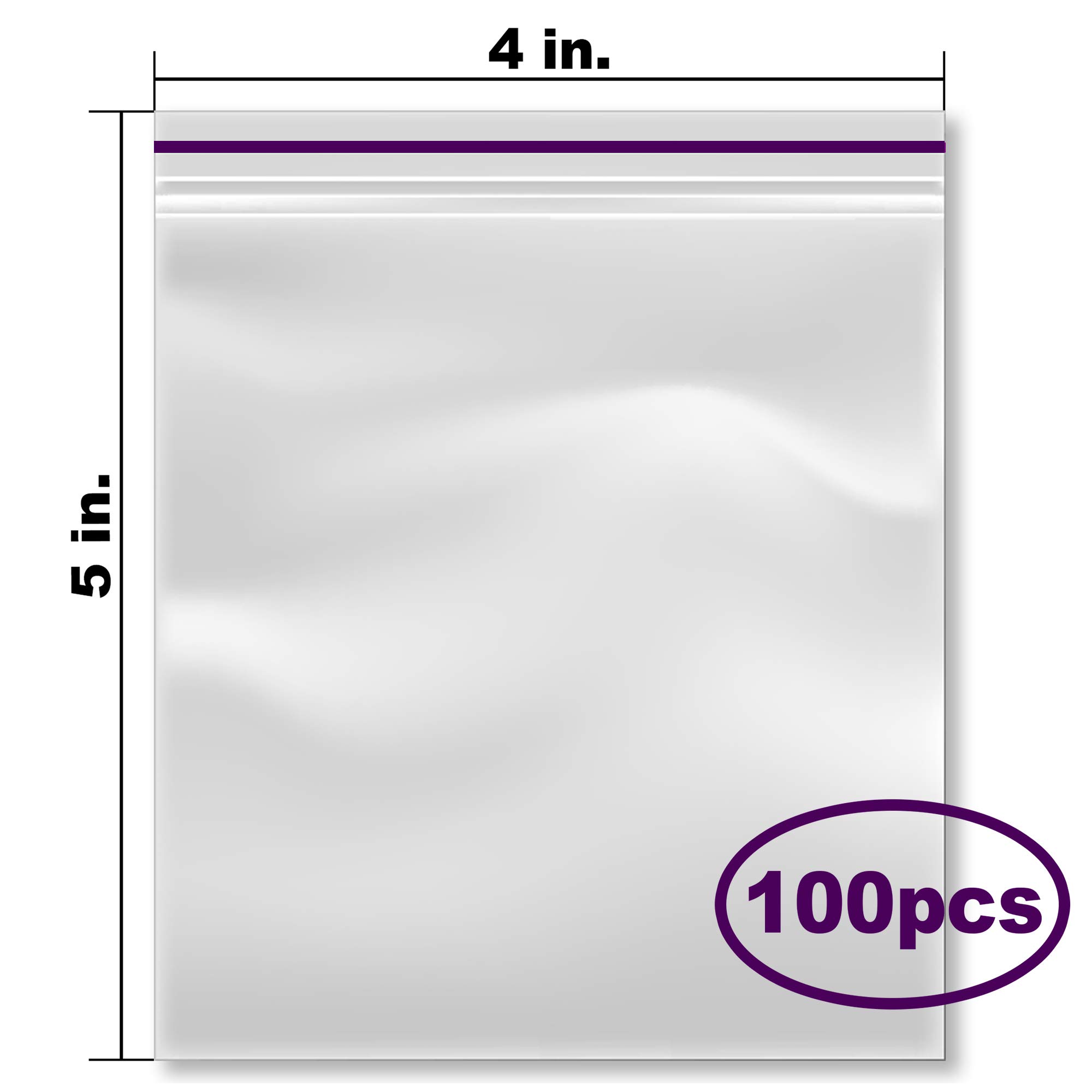 4x5 Inch Clear Resealable Zip Lock Poly Bags - 2 Mil Thick Small Plastic Zipper Bags (Pack of 100) for Food Storage, Crafts, Jewelry & Small Parts Organization
