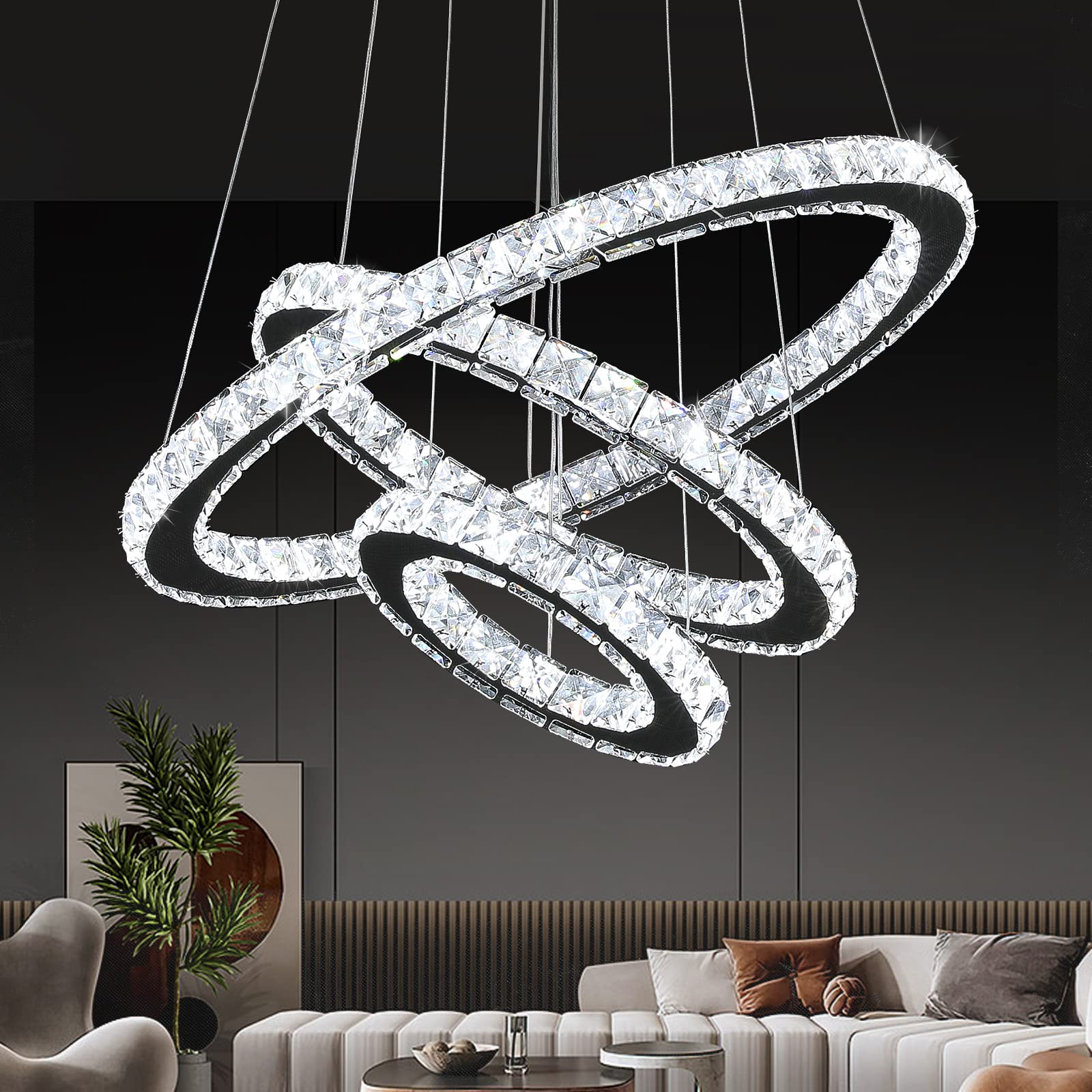 Buccleuch Modern Crystal Chandelier - Dimmable LED Pendant Light with 3-Ring Adjustable Stainless Steel Design | Silver Dining Room Chandelier for Bedroom & Living Room Lighting | ETL Certified for Home & Office Decor