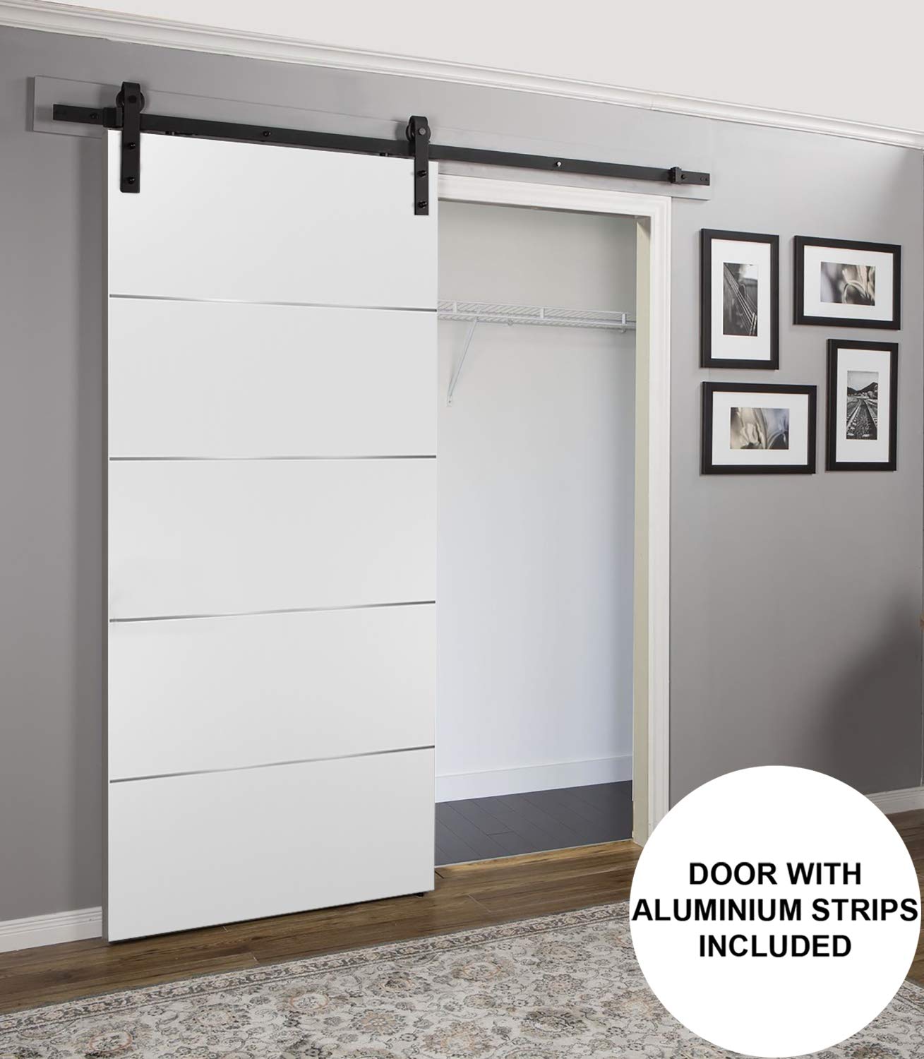 SARTODOORS 36x96 Inch White Barn Sliding Door with Black Hardware - Planum 0020 Matte White Finish | 6.6FT Steel Rail & Hanger Set | Modern Solid Core Closet Door for Bedroom, Living Room & Office Spaces