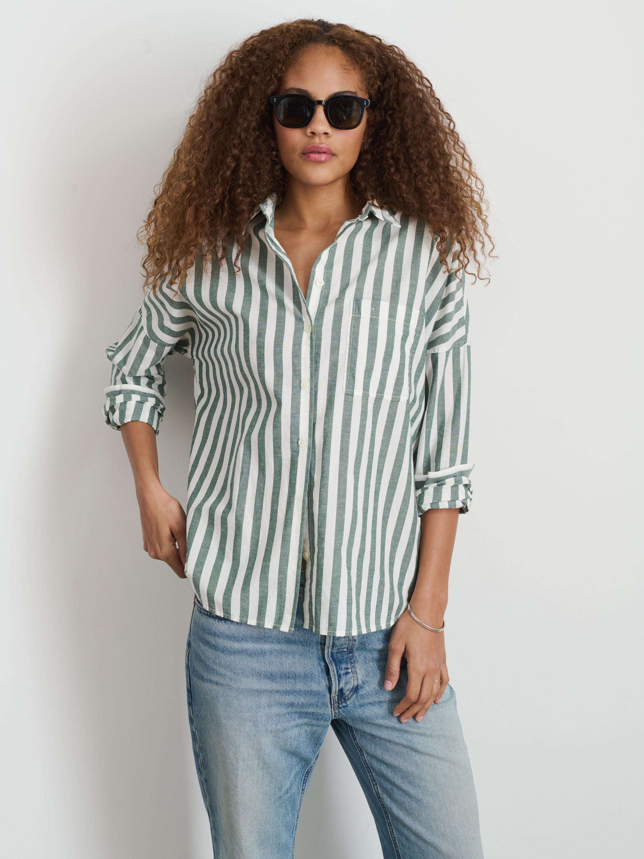 Jo Shirt in Positano Stripe - Women's Casual Button Down Shirt for Summer Beach Vacation & Outdoor Activities