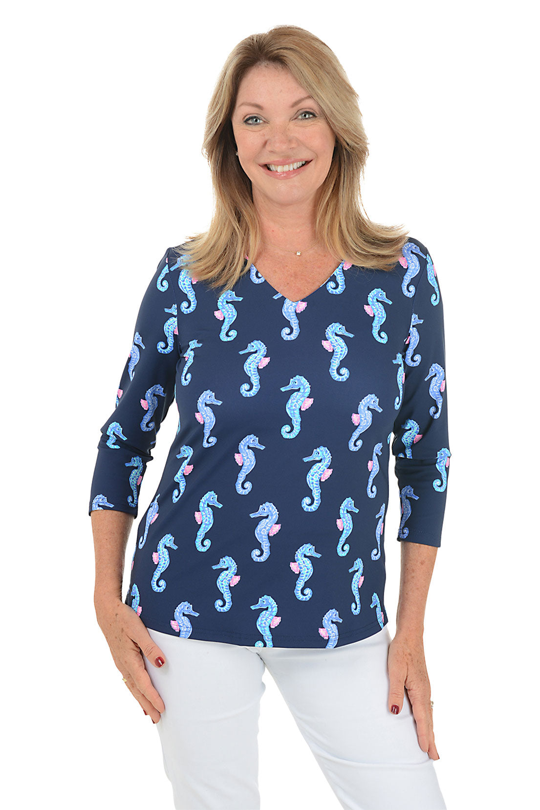 UPF50+ Navy Seahorses V-Neck Sun Protection Top for Women - Lightweight & Breathable for Beach, Swimming & Outdoor Activities