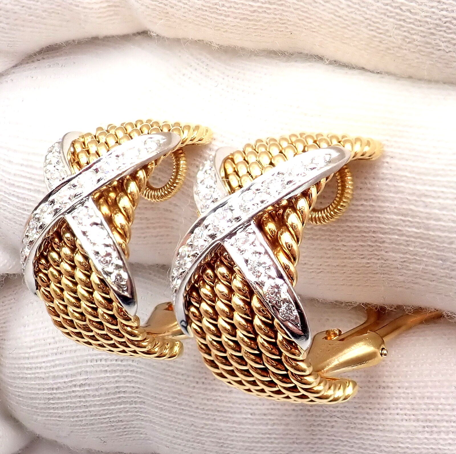 Tiffany & Co Schlumberger 18k Yellow Gold Platinum Diamond 6 Row Rope X Earrings - Luxury Diamond Hoop Earrings for Women, Perfect for Weddings, Parties & Special Occasions