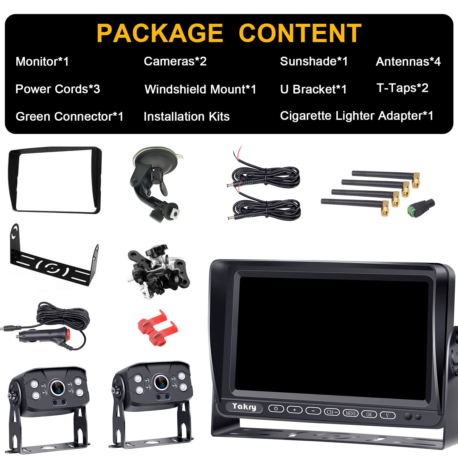 Yakry Y28-36 RV Backup Camera System - Wireless 1080P HD Recording with 7'' Touch Key Monitor, 2 Cameras, Night Vision & 4 Channels | Plug & Play Pre-Wired for Furrion System | Perfect for Trailers, Trucks & Motorhomes (Rear View Safety & Parking Assistance)