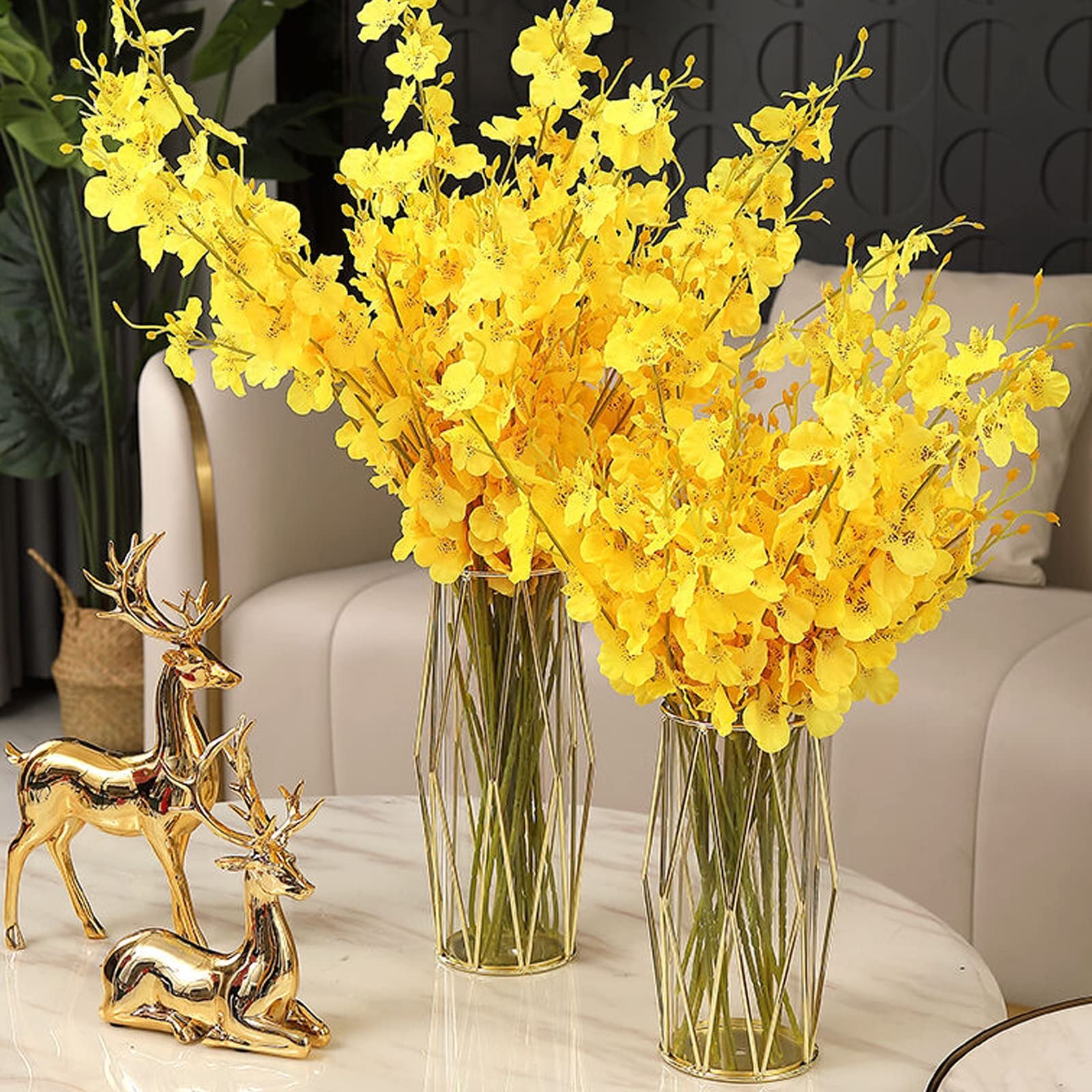 Elegant Gold Flower Vases with Geometric Metal Stand - Modern Bulk Terrarium Crystal Vases for Pampas Grass, Centerpieces, Home & Wedding Decor (8.5