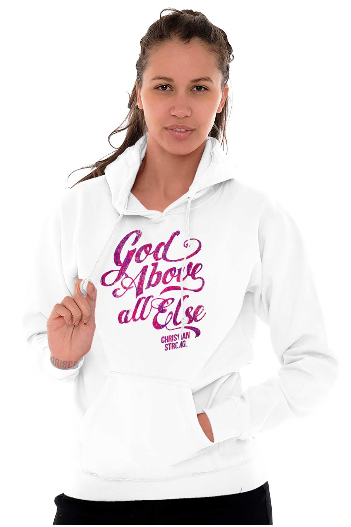 Brisco Brands God Above All Else Religious Hoodie Sweatshirt for Women - Faith-Inspired Comfort Wear for Church, Prayer & Daily Devotion