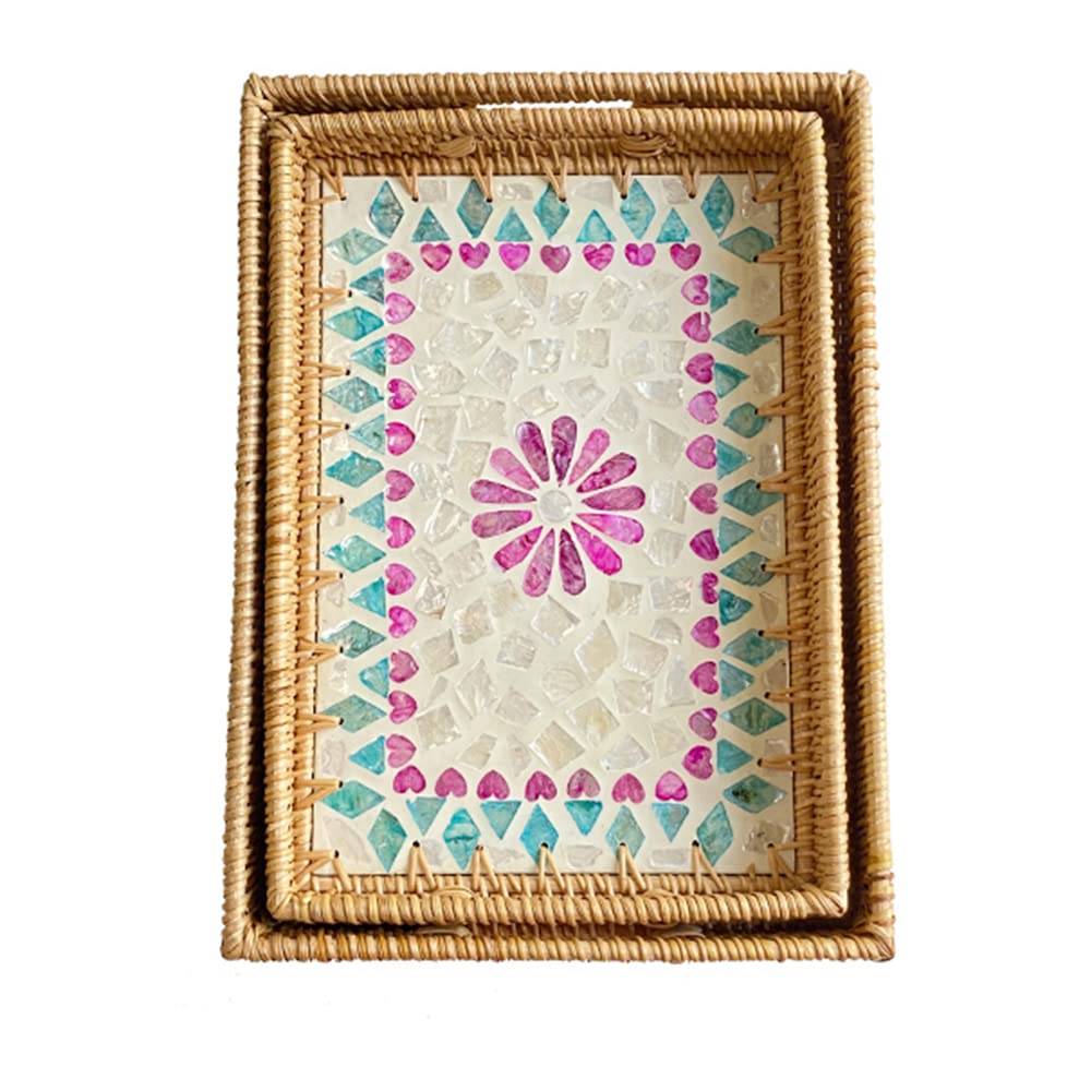 Hand Woven Rattan Serving Tray with Handle - Natural Wicker Coffee Tray for Breakfast, Tea, Drinks & Snacks - Perfect for Dining Table, Bedroom, or Outdoor Picnic Use