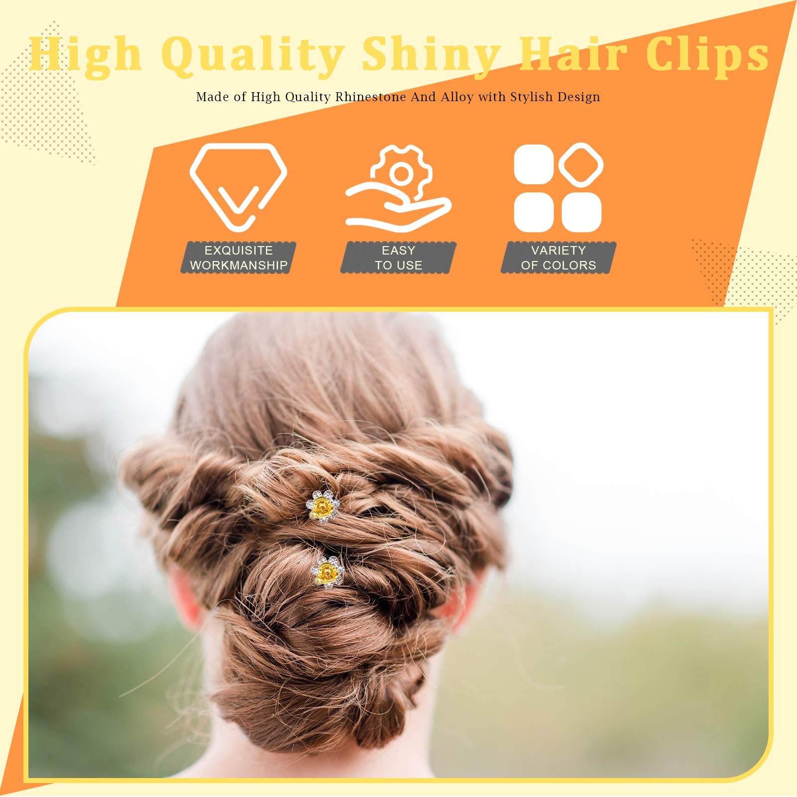 Rustark 40 Pcs Gold Crystal Hair Pins - Rose Flower Rhinestone U-Shaped Bobby Pins & Bun Hair Clips for Women - Wedding Bridal Hair Accessories Set with Storage Case - Perfect for Parties, Prom, and Special Occasions
