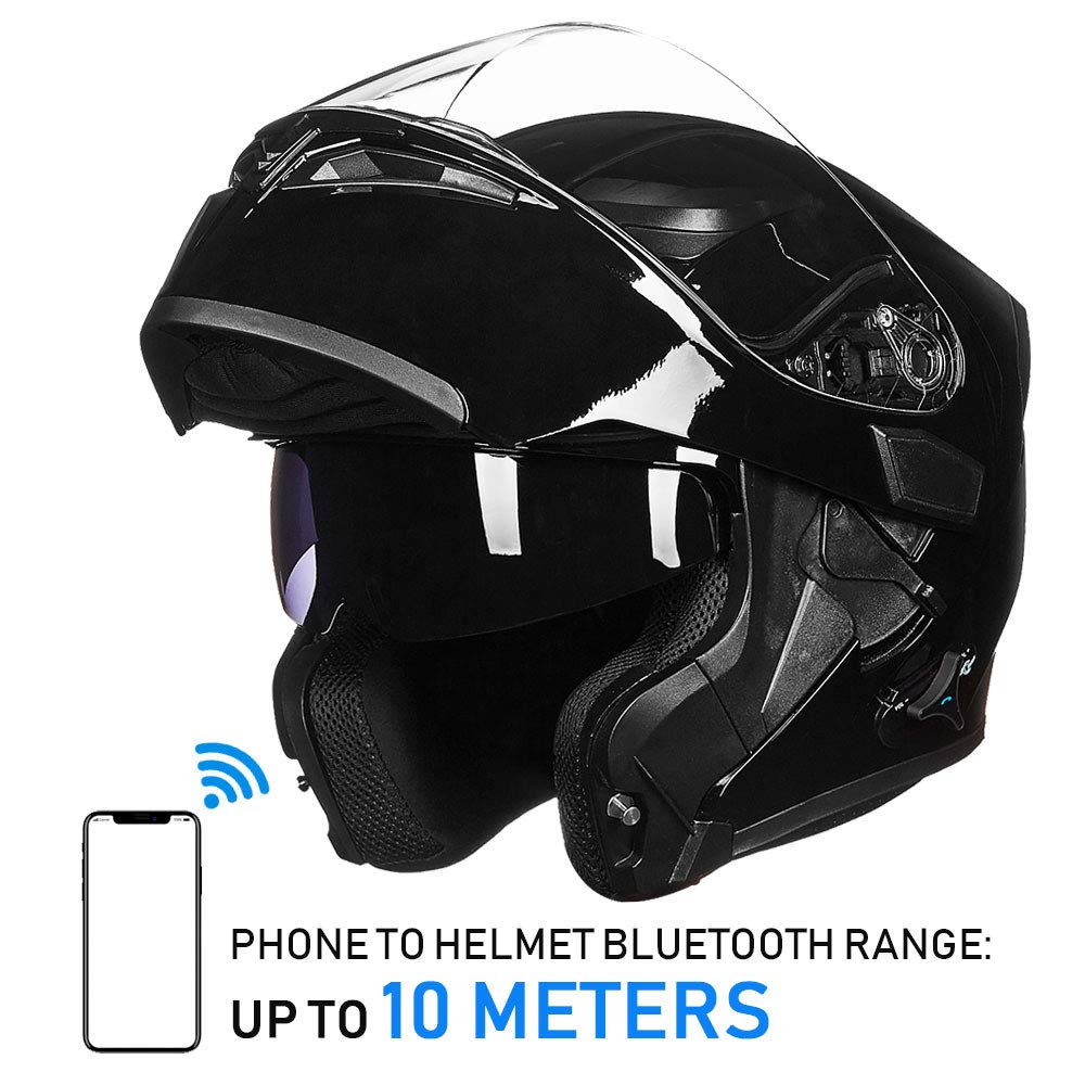 **ILM Bluetooth Motorcycle Helmet - Modular Flip-Up Full Face Helmet with Dual Visor, MP3, Intercom & FM Radio - DOT Certified Model 902BT (Gloss Black, XL) - Perfect for Commuting, Touring & Long Rides**