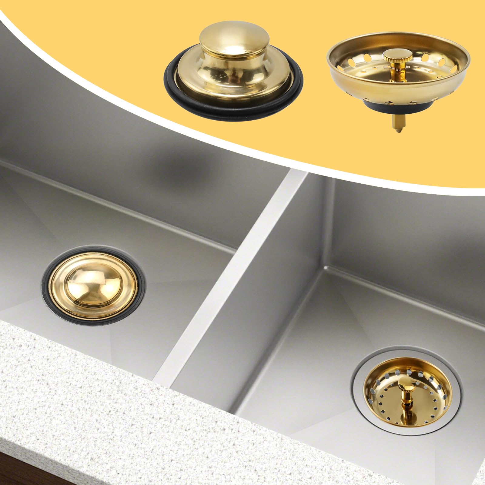 Antrader 3Pcs Gold Stainless Steel Kitchen Sink Drain Strainer & Stopper Set - Durable Sink Basket Filter for Food Waste, Hair Clog Prevention - Perfect for Kitchen, Bathroom, RV & Camper Use