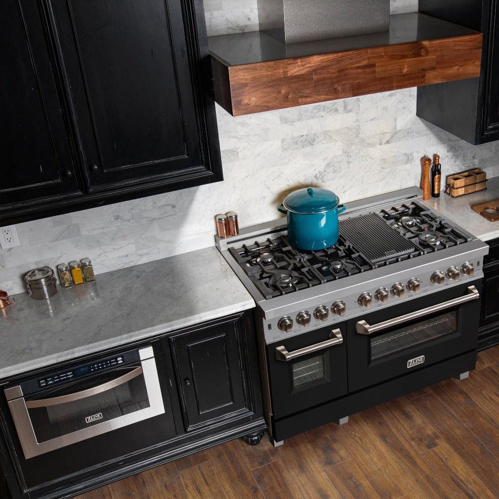 ZLINE 48-Inch 6.0 cu. ft. Dual Fuel Range with 7-Burner Gas Cooktop & 2 Electric Ovens - Satin Stainless Steel & Black Matte Doors (RAS BLM 48) | Professional Kitchen Appliance for Home Chefs & Cooking Enthusiasts