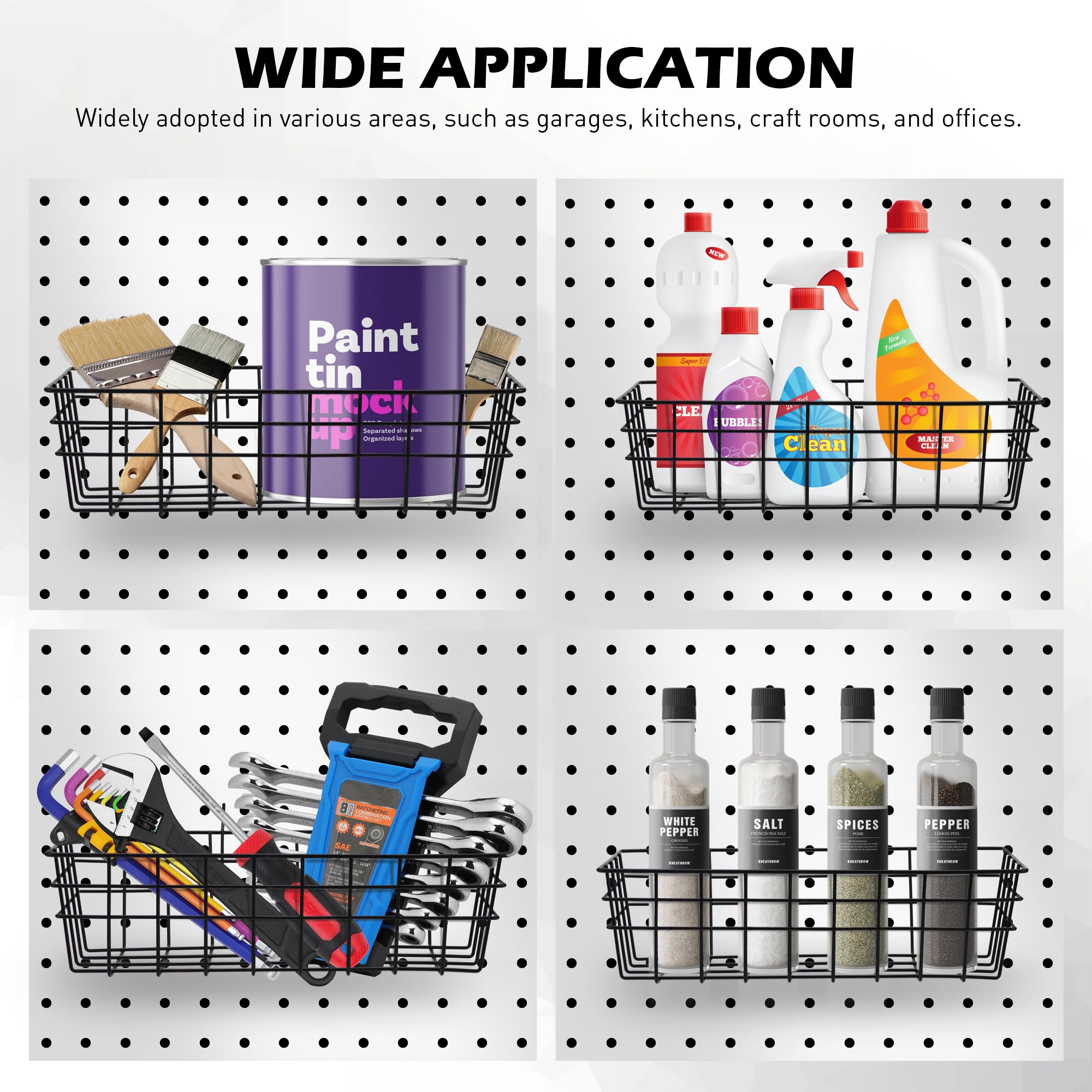5-Piece Heavy Duty Black Metal Wire Pegboard Baskets Set - Wall Mount Storage Organizer for Garage, Workshop, Craft Room - Perfect for Tools, Supplies & DIY Projects