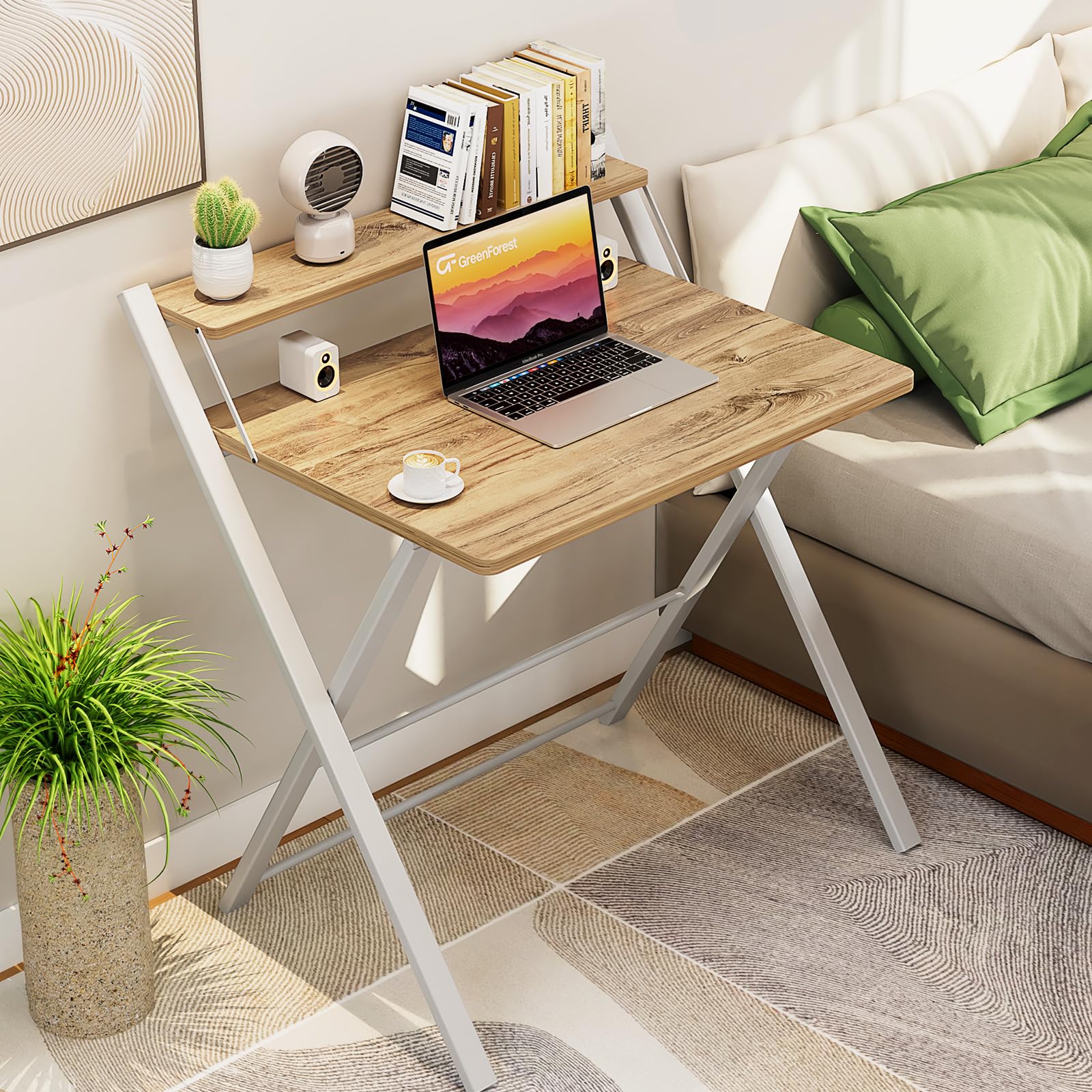 GreenForest Folding Desk - No Assembly Required Small Computer Desk with 2-Tier Shelf | Space Saving Portable Laptop Table for Home Office, Study & Small Spaces | Oak Finish | Perfect for Dorm Rooms, Apartments & Workspaces