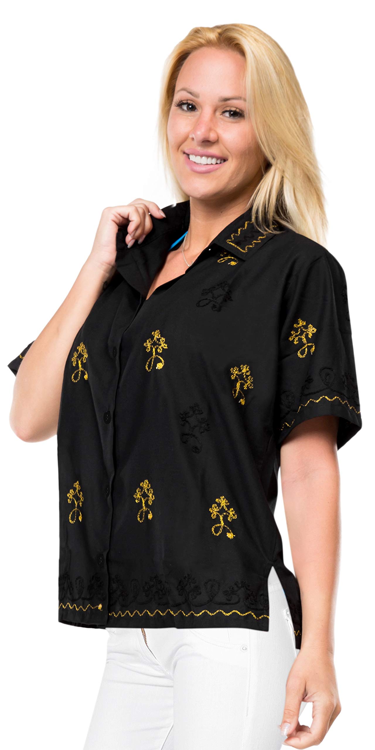 LA LEELA Women's Hawaiian Short Sleeve Beach Blouse - Floral Print Vacation Shirt for Summer, Pool Party & Tropical Getaways