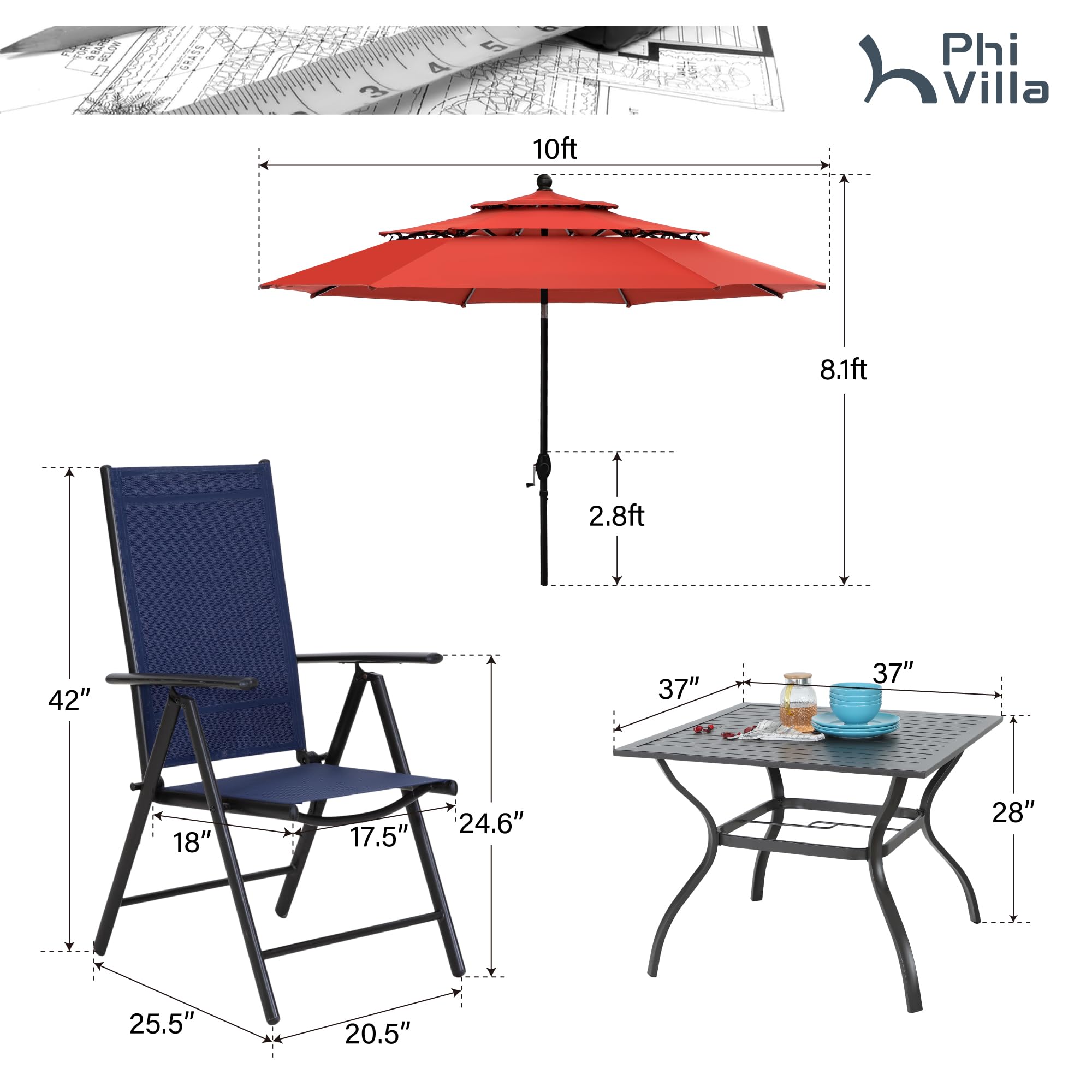 PHI VILLA 5-Piece Outdoor Dining Set with Umbrella - Metal Patio Table & Adjustable Folding Chairs in Blue - Perfect for Backyard, Garden, Lawn & Poolside Entertaining