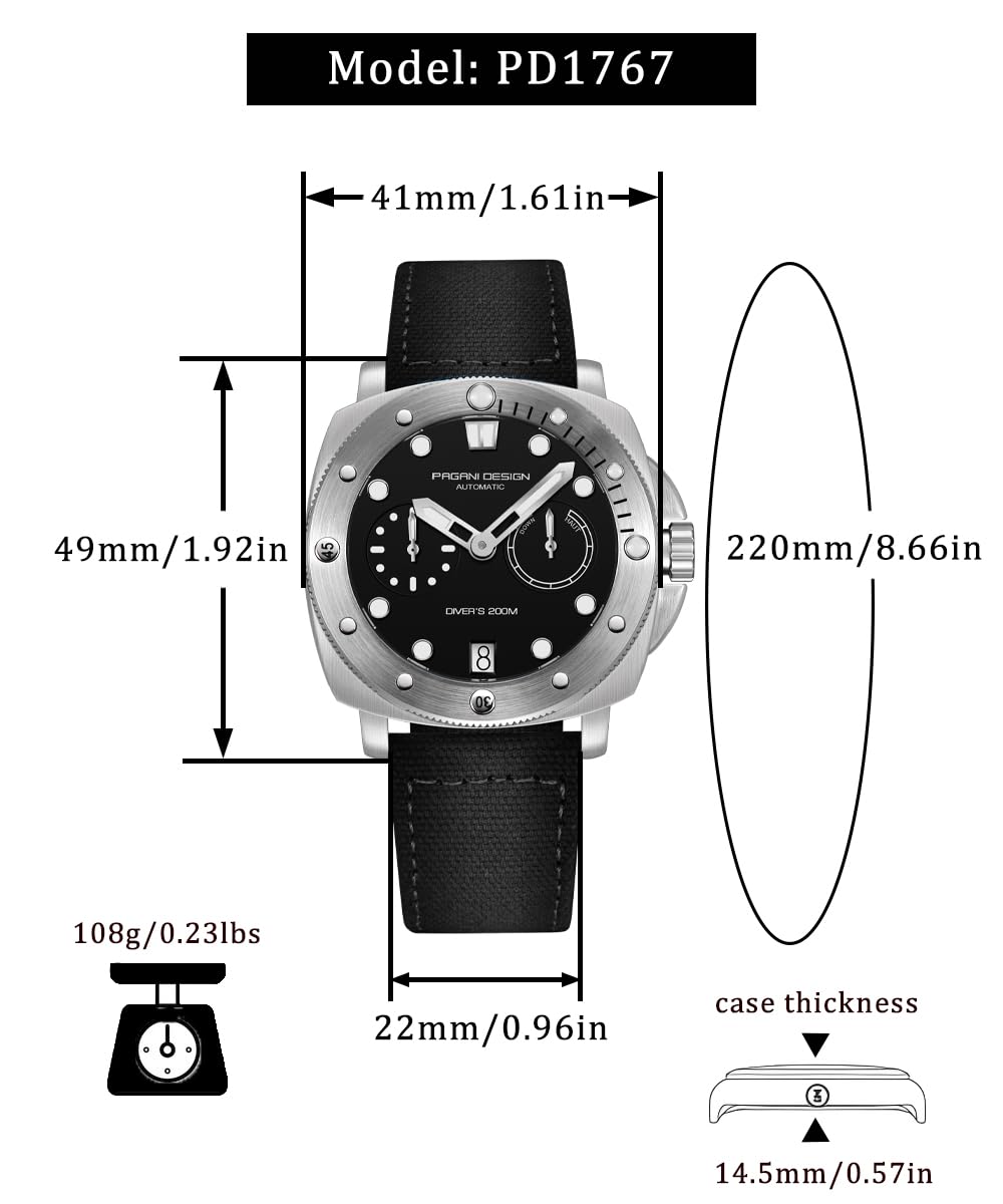 Pagani Design Men's Automatic Mechanical Watch - 200M Waterproof, Sapphire Crystal, Nylon Strap - Sporty Casual Wristwatch for Diving, Swimming & Everyday Wear