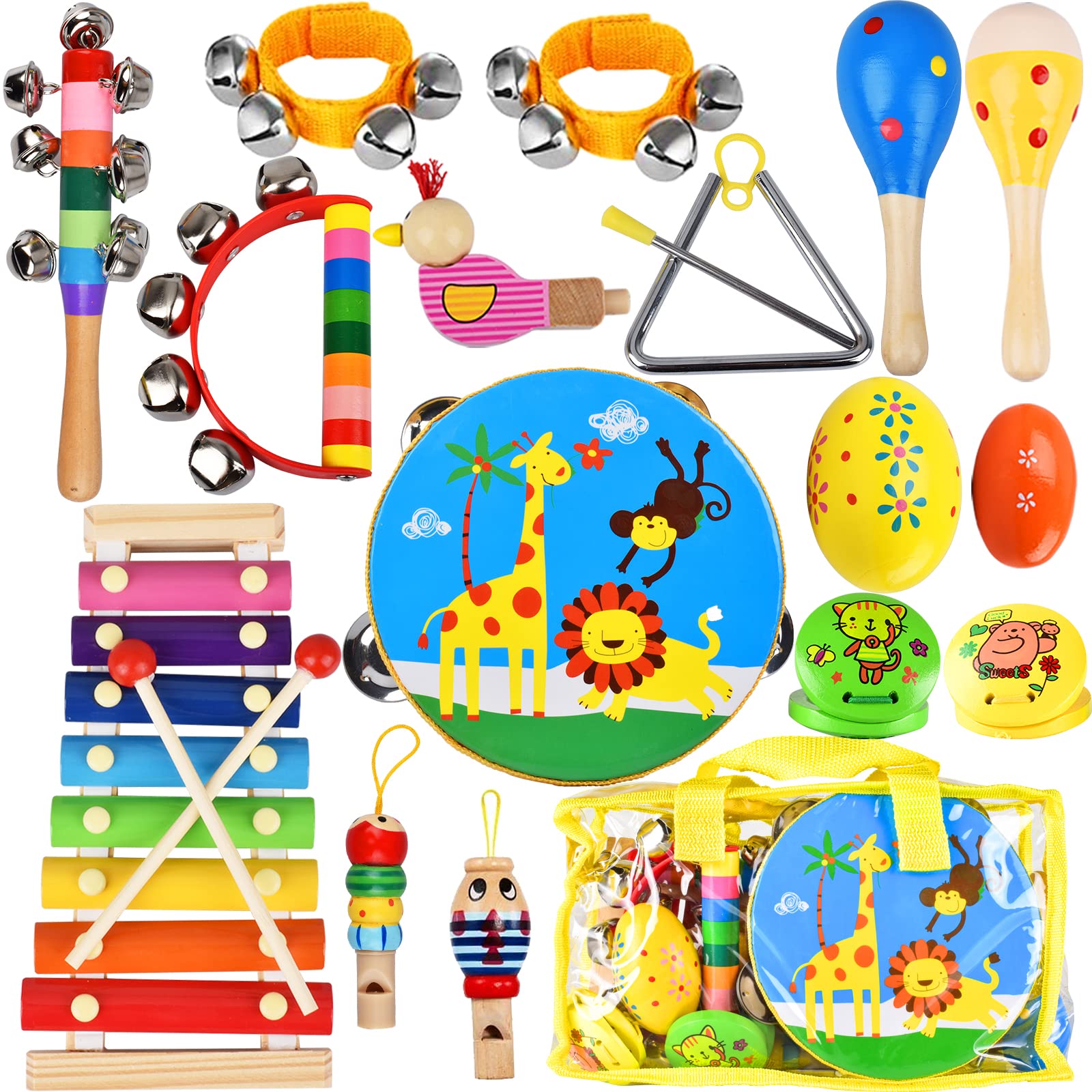 20-Piece Kids Musical Instruments Set - Wooden Shakers, Tambourine, Xylophone & Percussion Toys for Early Learning | Perfect Gift for Boys & Girls with Carrying Bag | Ideal for Preschool Music Class, Birthday Parties & Home Playtime