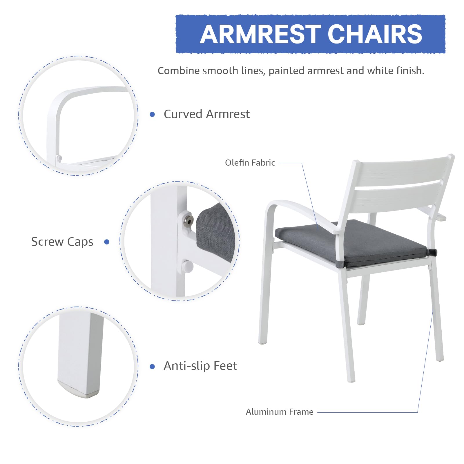 Outdoor Aluminum Stackable Bistro Dining Chairs Set of 4 with Cushions - White Patio Chairs with Gray Cushions for Garden, Balcony, Backyard & Poolside - Perfect for Outdoor Entertaining & Relaxation