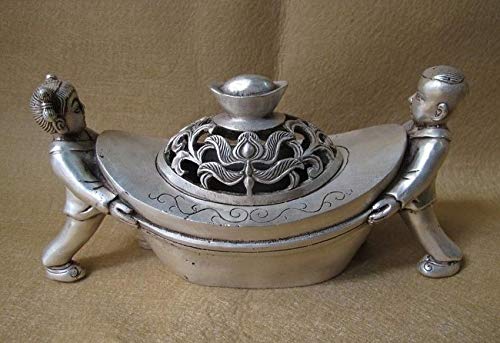 Exquisite Tibetan Silver Feng Shui Boy & Girl Yuanbao Statue Incense Burner - Handmade Asian Home Decor for Wealth & Harmony - Perfect for Meditation, Yoga Room & Spiritual Gifts