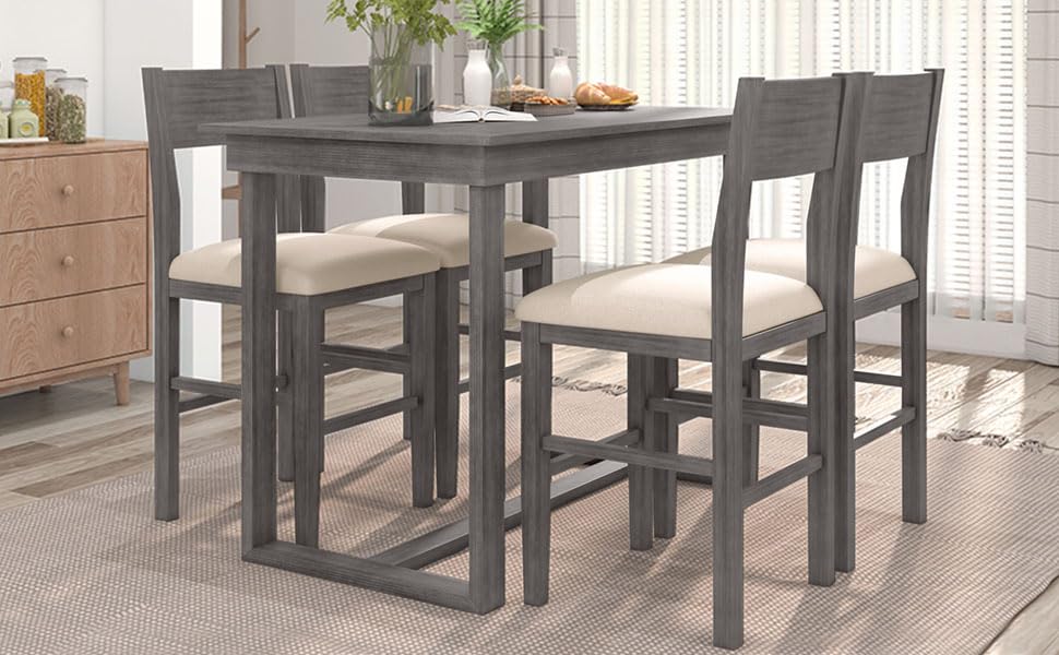 Farmhouse Style 5-Piece Counter Height Dining Set - Solid Wood Rectangular Table with 4 Chairs, Gray Wooden Kitchen Pub Bar Table for Small Spaces, Perfect for Breakfast Nooks, Compact Apartments & Cozy Dining Areas