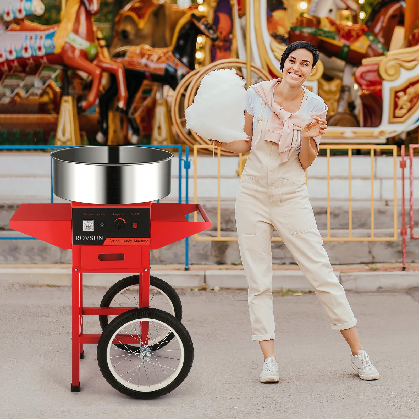 ROVSUN 21 Inch Commercial Cotton Candy Machine Cart with Stainless Steel Bowl, Sugar Scoop & Storage Drawer - Candy Floss Maker for Home, Parties, Carnivals & Events (Red) | Perfect for Birthday Celebrations, Wedding Receptions & School Fairs