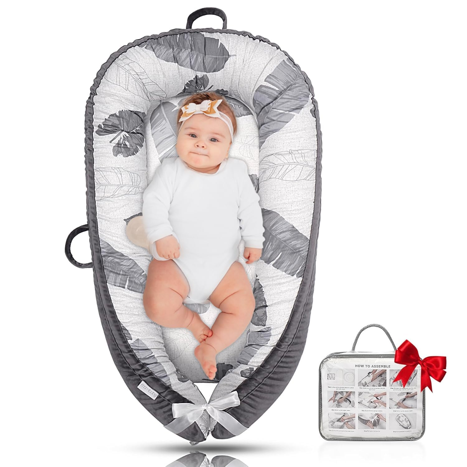 Premium Baby Lounger for Newborns 0-24 Months - Soft Infant Lounger with Breathable Cover | Essential Baby Gift for Nursery, Travel & Playtime | Lightweight Grey Leaves Design (Perfect for Cuddling, Napping & Tummy Time)