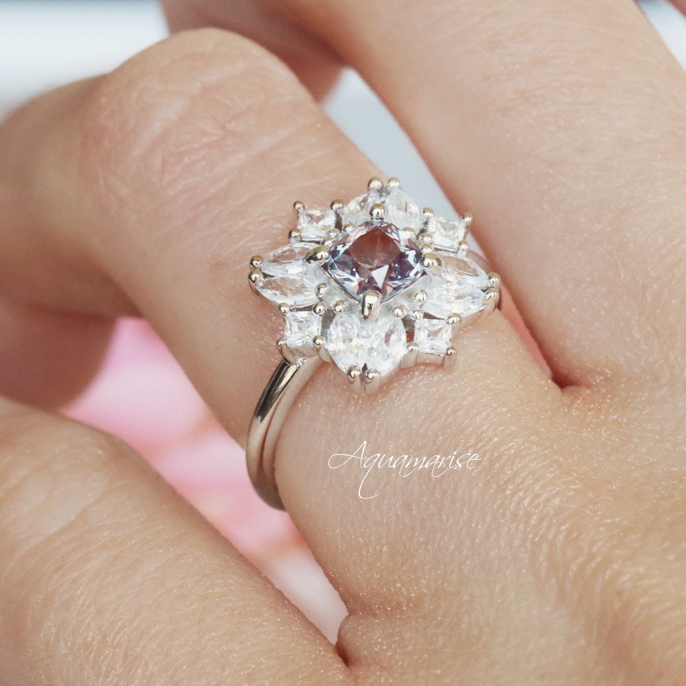 Alexandrite Ring for Women - Sterling Silver 925 Magnolia Flower Design, Adjustable Size for Engagement, Anniversary & Gift Giving